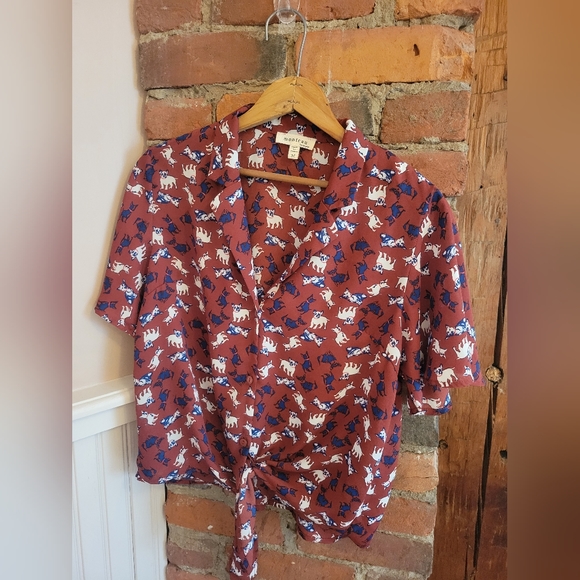 Monteau Dog Print Tie Front Button Down Blouse size M - Picture 2 of 3